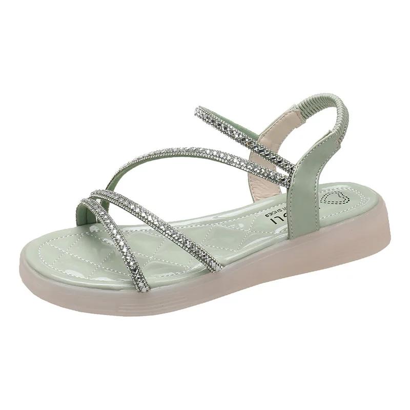 Fashion Flat-heeled Sandal Woman Rhinestone Comfortable Sandals for Women Summer New 2025 Without Heel Elegant Roman Fashion