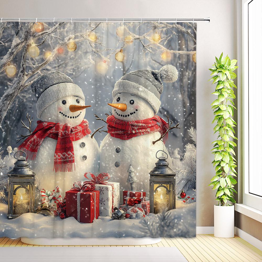 Weihnachts-Schneemann Eichhörnchen Duschvorhang Roter Vogel Winter-Schneeflockenwald Schnee-Landschaft Zeder Rentier Weihnachten Haus Badezimmer Dekoration