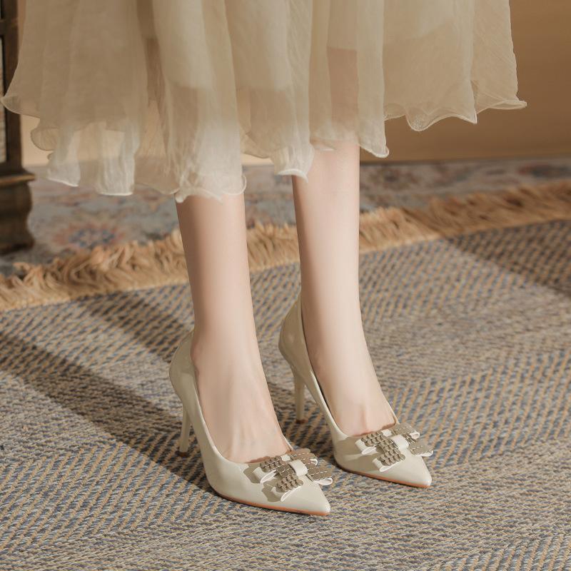 B temperament pointed head rivet bow high heels women's thin heel high-end versatile single shoes spring and autumn women