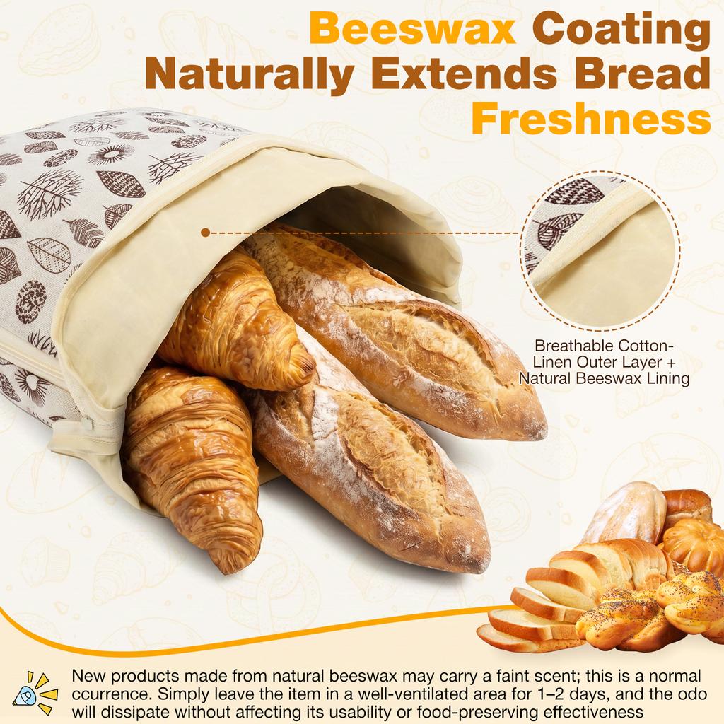 2Pcs Sourdough Bread Bags Reusable Beeswax Bread Bags Large Linen Homemade Bread Storage Bags Food Grade