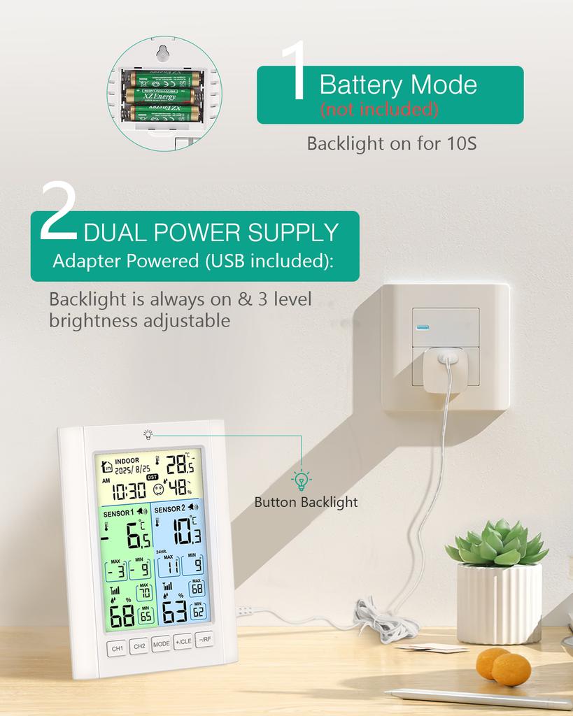 ORIA Wireless Fridge Thermometer Digital Freezer Thermometer with Alarm and 2 Sensors Indoor Thermom for Kitchen Restaurants