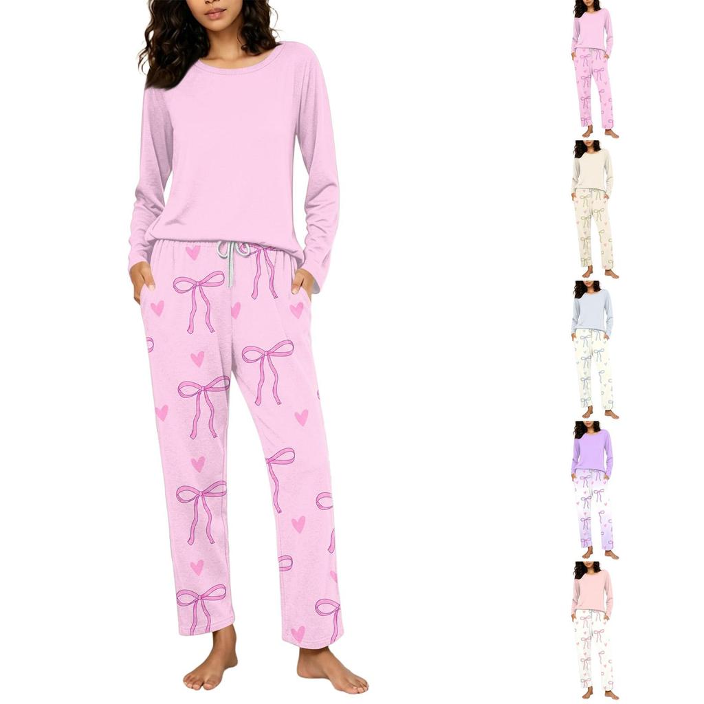 Women's Casual Printed Pajama Set with Round Neck and Loose Fit for Sleep and Lounging