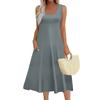 Women's Fashion Round Neck Sleeveless Pleated Beach Dress With Pockets Long Solid Color Dresses