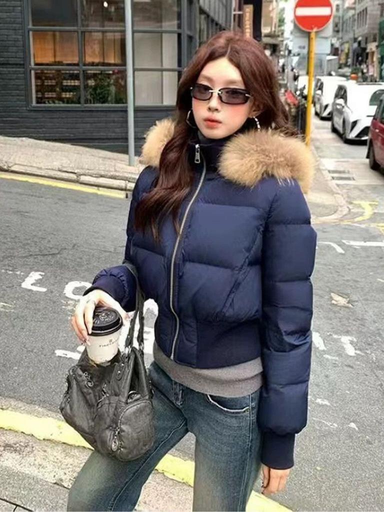 Korean style waist short cotton-padded clothes women's hooded big fur collar autumn and winter small people looking thin cotton-padded jackets are ava