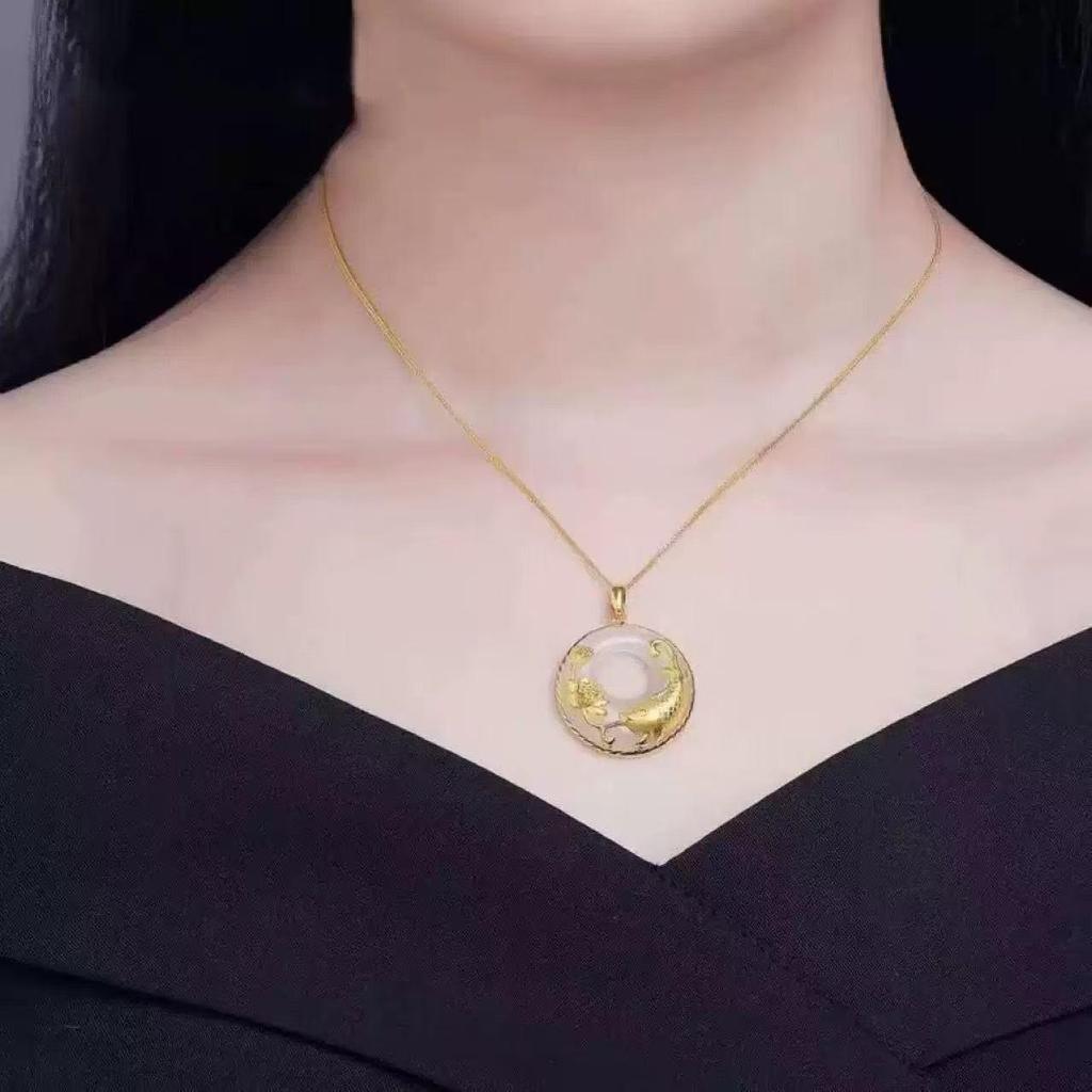 Versatile Gold Lotus Fish Pendant with White Jade O-shaped Chain Necklace for Women