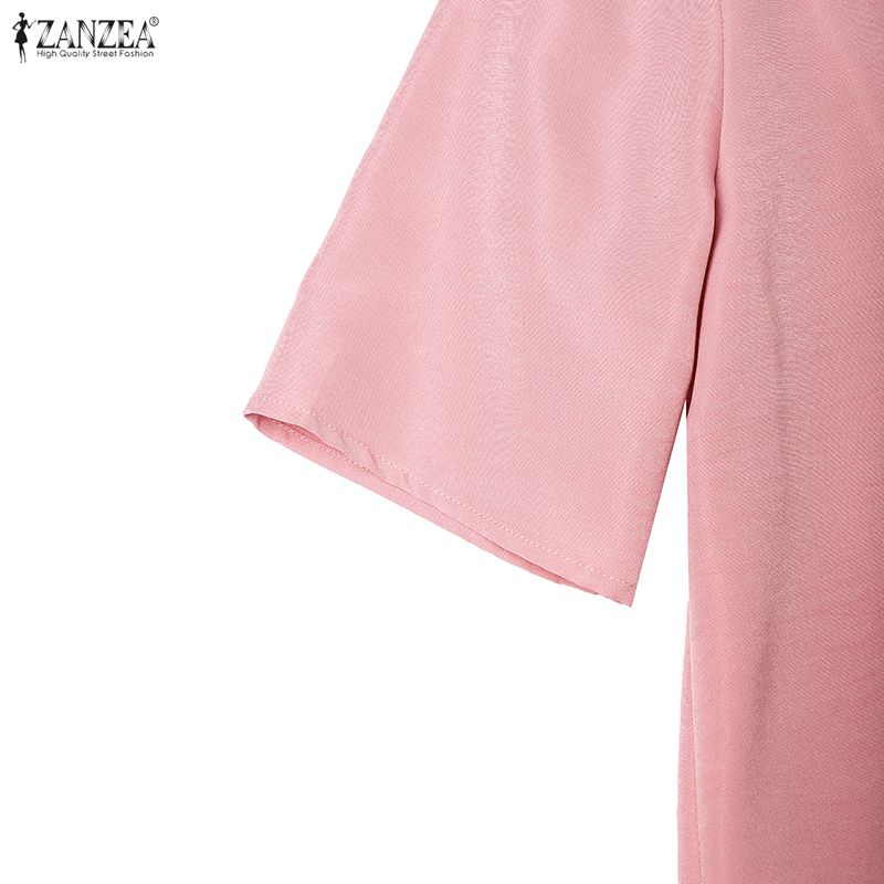 ZANZEA Vestido largo suelto informal de manga corta con cuello vuelto para mujer