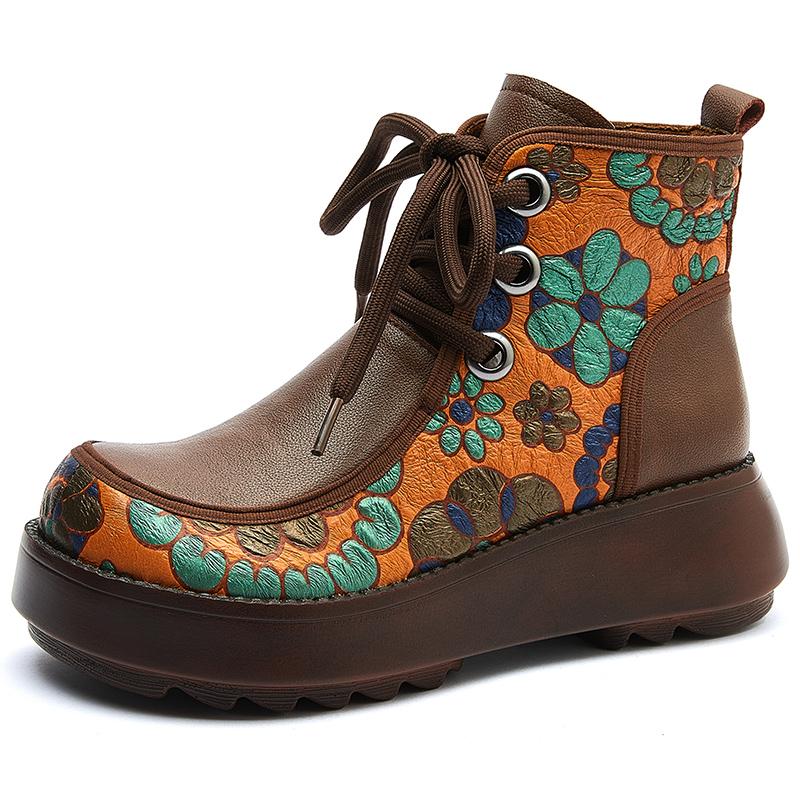 Fashion GKTINOO Genuine Leather Women Boots Retro Shoes 2024 New Autumn Winter Print Round Toe Lace-up Handmade Concise Platform Boots