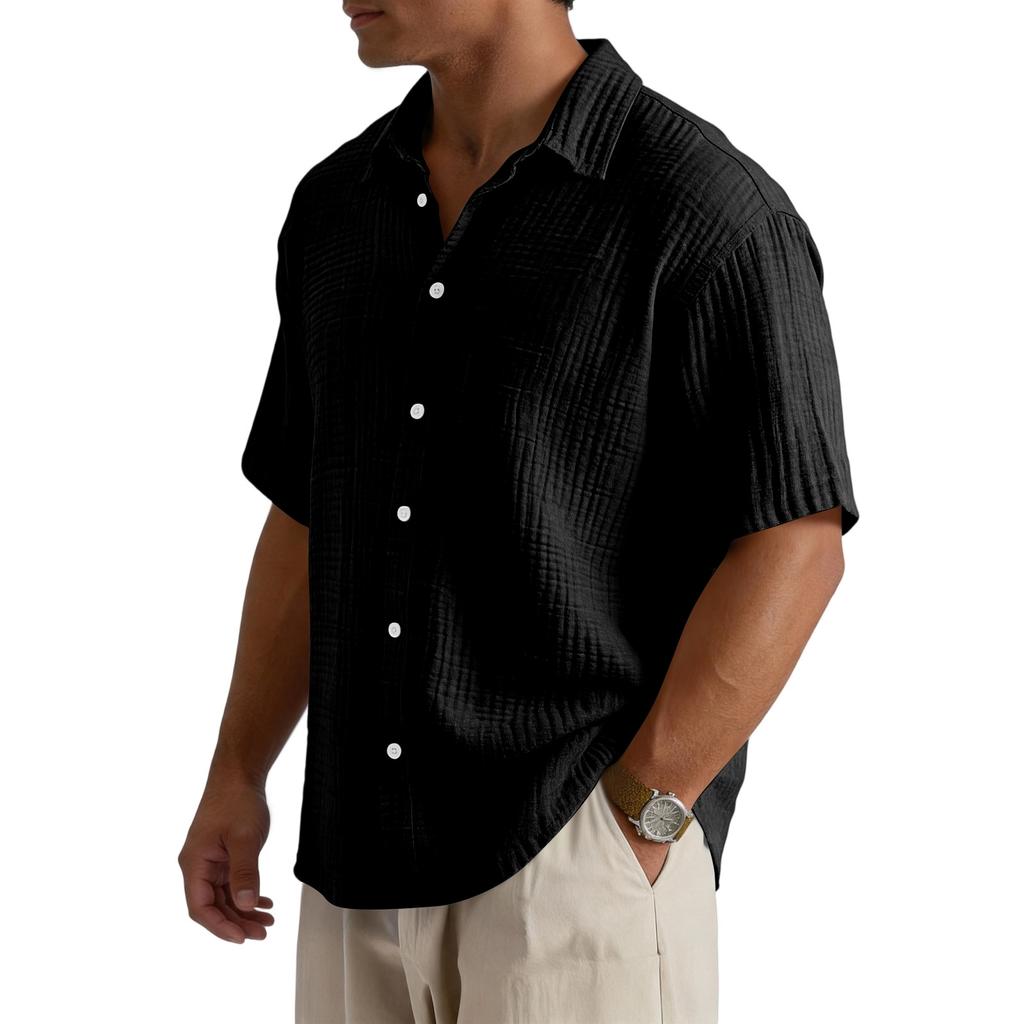 Men’s Loose Fit Casual Cotton Crinkle Texture Shirt Short Sleeve Button Down Collared Top for Everyday Wear