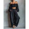 Women's Two Piece Set Off Shoulder Crop Top Wide Leg Pants Long Sleeve Party Outfit