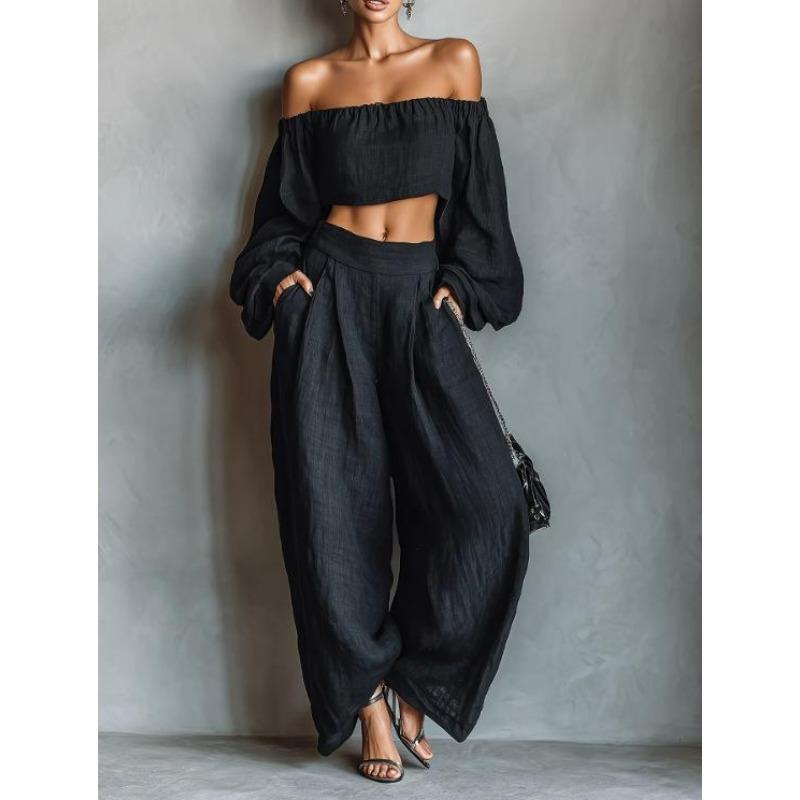 Women's Two Piece Set Off Shoulder Crop Top Wide Leg Pants Long Sleeve Party Outfit