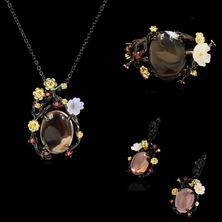 

2026 Fashion Black Gold Three-piece Goose Egg Zircon Ring Necklace Stud Earrings Wedding Party Ladies Jewelry 10