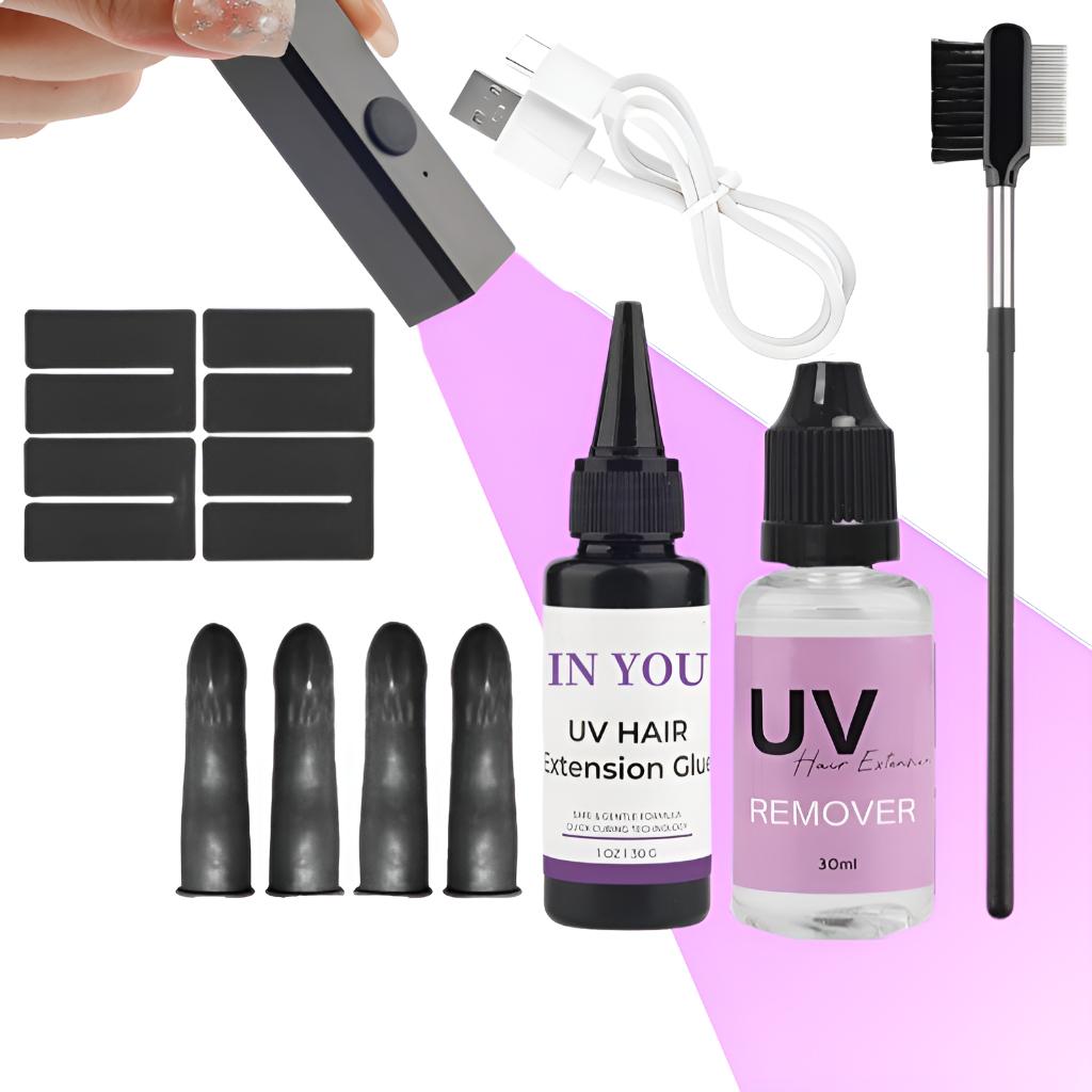 

Набор для наращивания волос Salon Pro UV, лампа для быстрой полимеризации за 10 секунд и водостойкий клей, бесшовные долговечные наращивания, набор для снятия наращенных волос A set