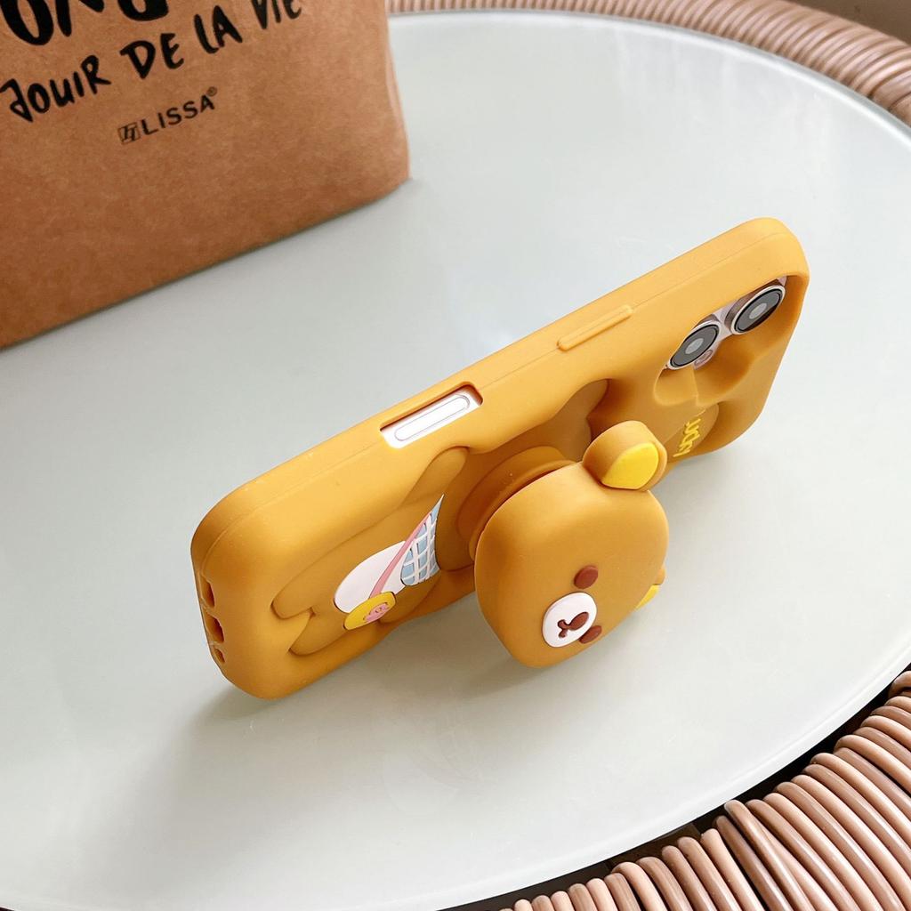 Applicable to iphone16 hot-selling cute cartoon bracket 3D three-dimensional silicone easy backpack bear anti-drop soft phone case