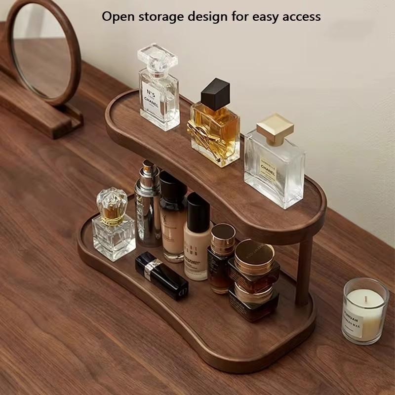 Compact Bamboo Cosmetic Organizer with Dual Shelves and Integrated Cup Holder for Kitchen or Coffee Mug Display