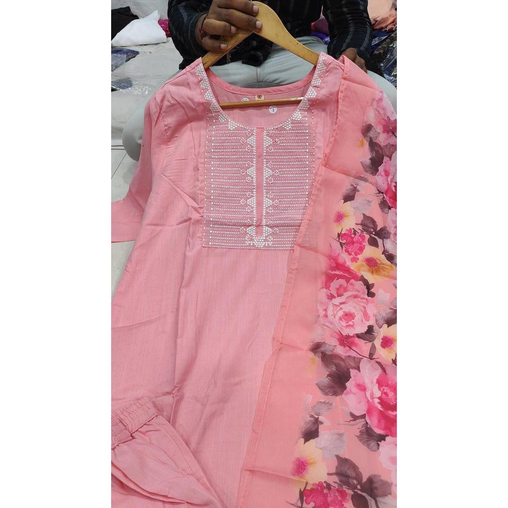 Women's Pink Rayon Slub Embroidered Straight Kurta with Rayon Slub Pant And Silk Printed Dupatta Sets