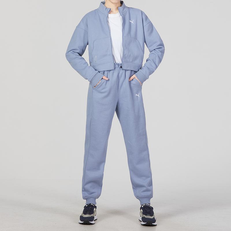 Puma Logo Print Stand Collar Jacket And Cuffed Long Sports Pants Set Women Sets Blue 522078-18