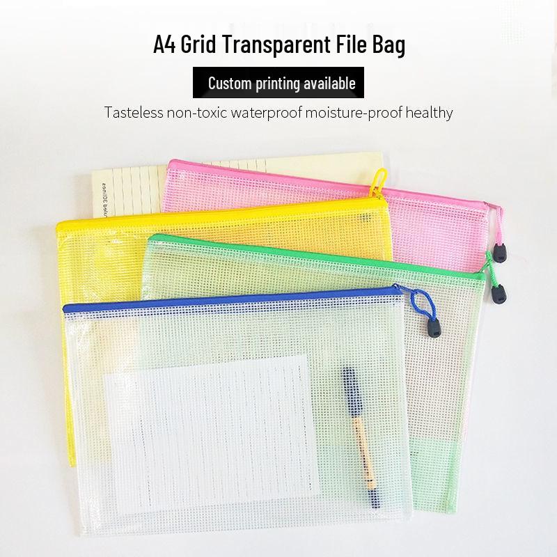 Set of 10 A4 Grid Zipper Bags: Transparent, Waterproof, Thickened for Document and Test Paper Storage