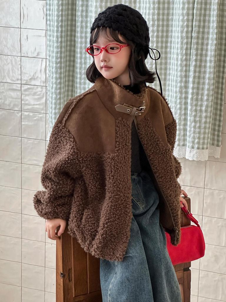 Korean Style Retro Lambswool Biker Jacket for Kids, 2025 Autumn/Winter