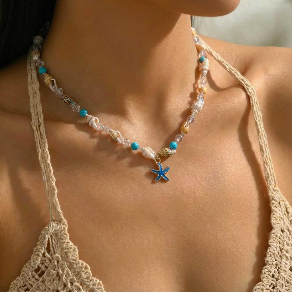 Mulitlayer Imitation Pearl Shell Starfish Pendant Necklace For Women Bohemian Ocean Elements Charm Choker Necklace Jewelry