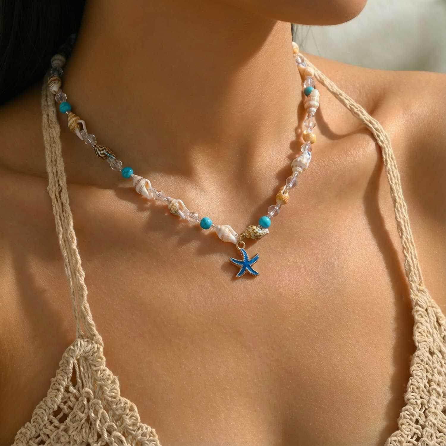 

Многослойное ожерелье-подвеска с имитацией жемчуга, ракушкой и морской звездой для женщин, богемный чокер с элементами океана, украшение A9