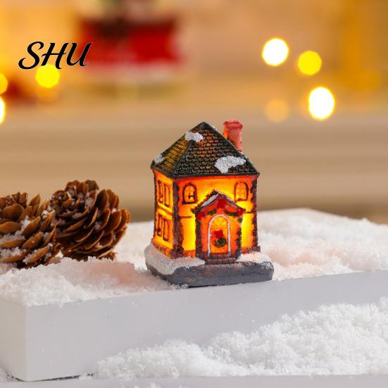 Desktop Christmas House Ornament Glowing Romantic Warm Lighting Resin Craft Small Glow LED Snow Covered Decoration Figurine Statue Party Festival Gift