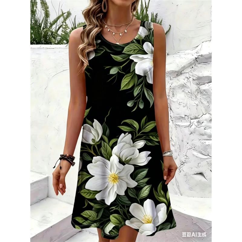 Women's Summer Boho Beach Vacation Dress Sexy Elegant Floral Sleeveless O-Neck Casual Loose Dress Top