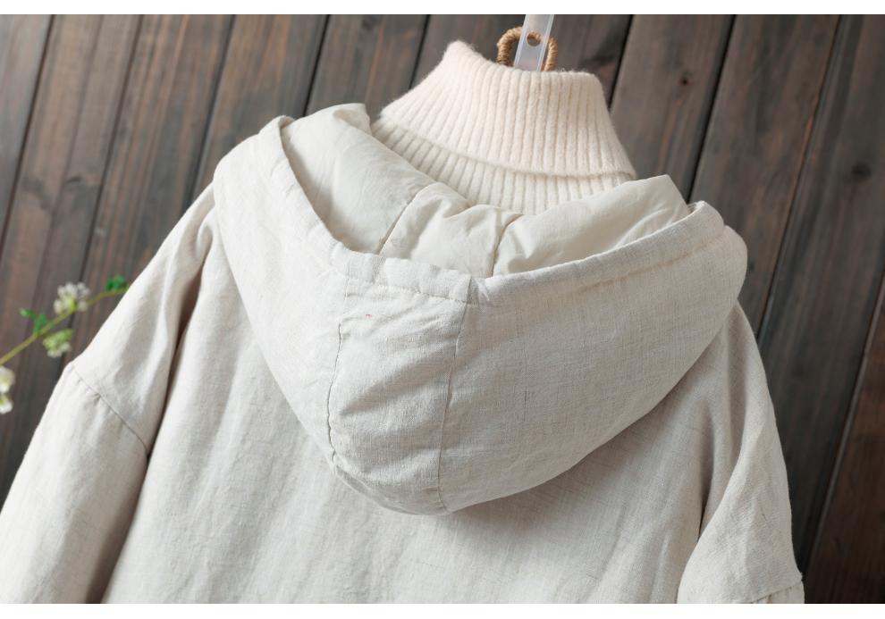 2025 Fall/Winter Plus Size Cotton Linen Hooded Mid-Length Coat - Thick Warm Artistic Outerwear