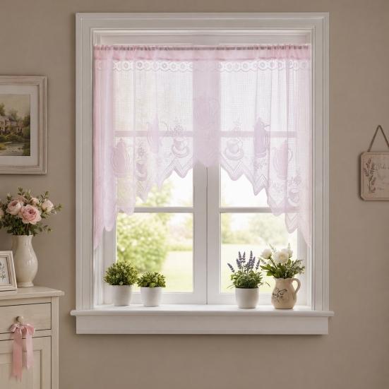 Perdea Semi-dantelată, Structură de Ridicare Reglabilă, Perdea Transparentă cu Broderie Florală, Plasa de Protecție Anti-praf, Perdea de Cafea