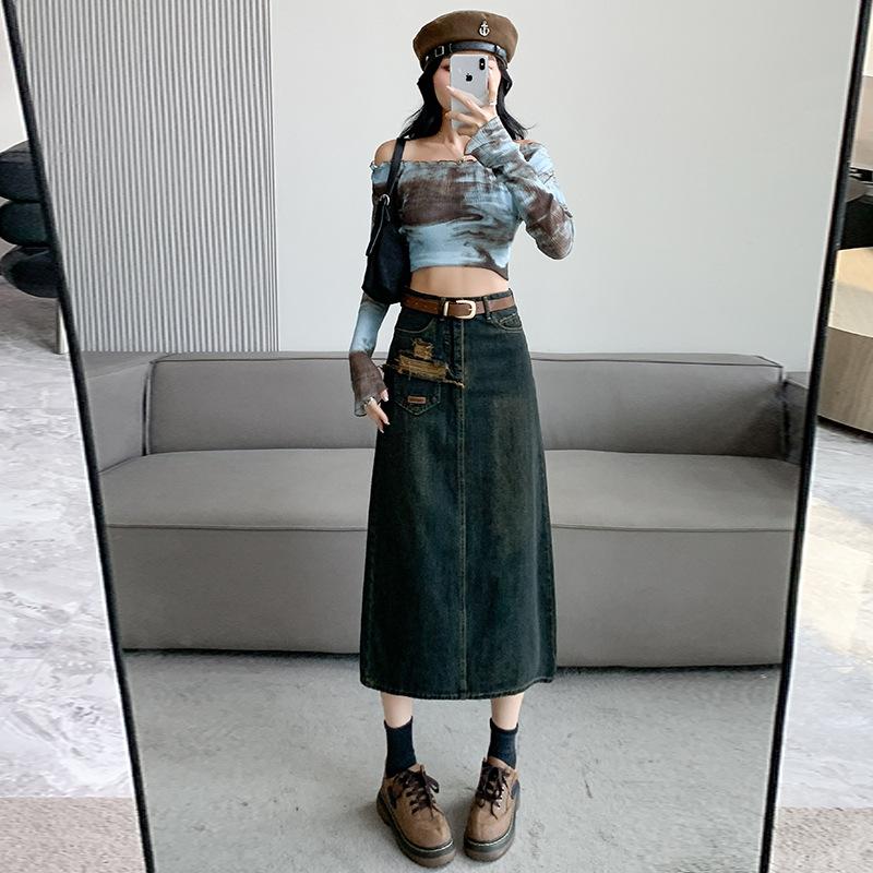 

Джинсовая юбка цвета цемента и пепла с индивидуальными карманами и разрезом сзади 2XL