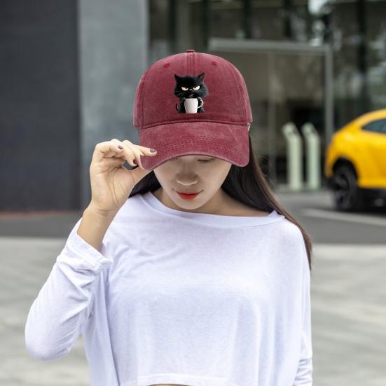 Casquette de baseball à motif chat réglable pare-soleil à bord incurvé chapeau de soleil unisexe style hip hop décontracté casquette café délavée