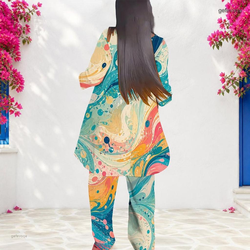 Women Plus Size Round Neck Long Sleeve Pink Purple Printed Layered Top Long Pants Two Piece Set