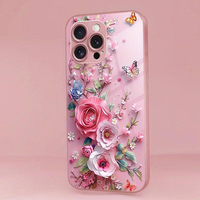 Schmetterlingsblumenmuster Rosa Metallic-Lack Glas Harte Handyhülle Für iPhone 17 Pro Max 16 15 14 13 12 11 17 Air Plus 16E Hülle