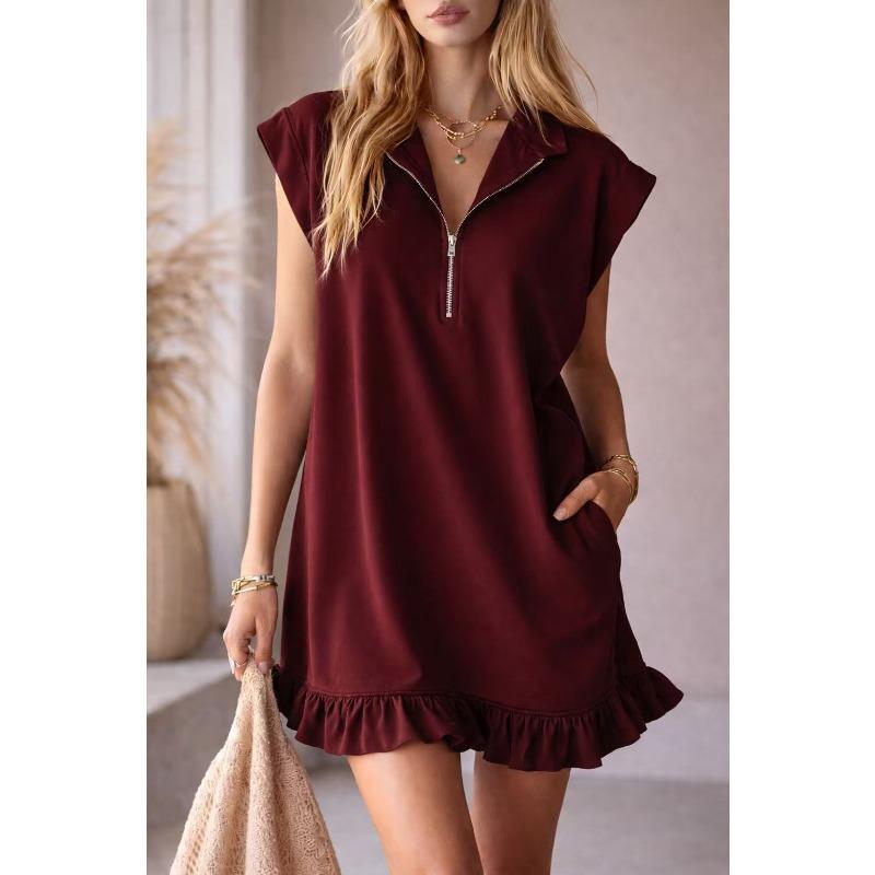 New Sleeveless Double-Pocket Dress with Zipper V-Neck and Ruffled A-Line Skirt for Women