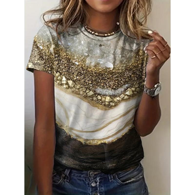 Fashion Women's Crew Neck Short Sleeve 3D Casual Color Printing Casual Short Sleeve Crew Neck T-Shirt
