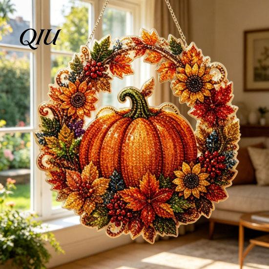Fine Workmanship Decor Fall Pumpkin Sunflower Wreath Hanging Decor, Acrylic Hand Painted Festive Party Decoration Window Ornament,