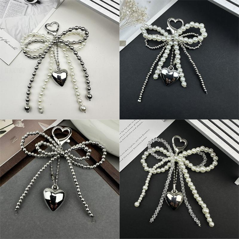 Double-layer Sweet Lovely Beaded Bowknot Heart Keychain Pendant Hanging Decor Keyring Lanyard Phone Charm Bag Pendant Supplies