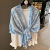 Silk Scarf Women's Summer Korean Version Versatile Thin Gauze Cotton and Linen Scarf Blue Feather Fringed Beach Towel Sun Protection Shawl