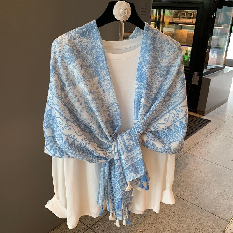 Silk Scarf Women's Summer Korean Version Versatile Thin Gauze Cotton and Linen Scarf Blue Feather Fringed Beach Towel Sun Protection Shawl