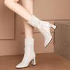 Women's White Leather Mid-Calf Chunky Heel Boots - Fashionable Pointed Toe Slimming Ankle Boots for Autumn and Winter