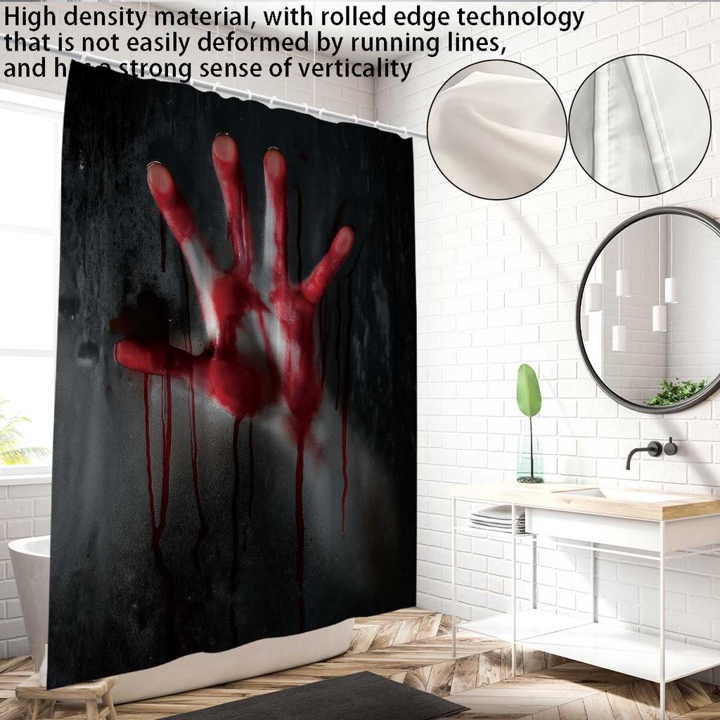 1Pc Halloween Terrifying Blood Handprint Pattern Shower Curtain, With 12 Hooks, Bathroom Showers, Bathtub, Halloween Decoration