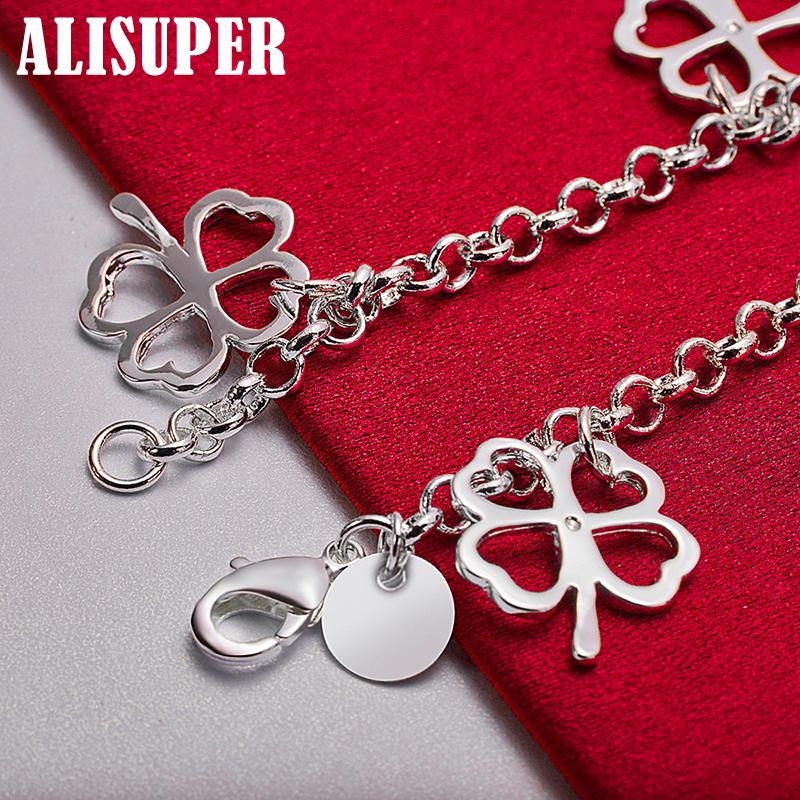 925 Sterling Silver Five Lucky Clover Flowers Pendant Bracelet Jewelry