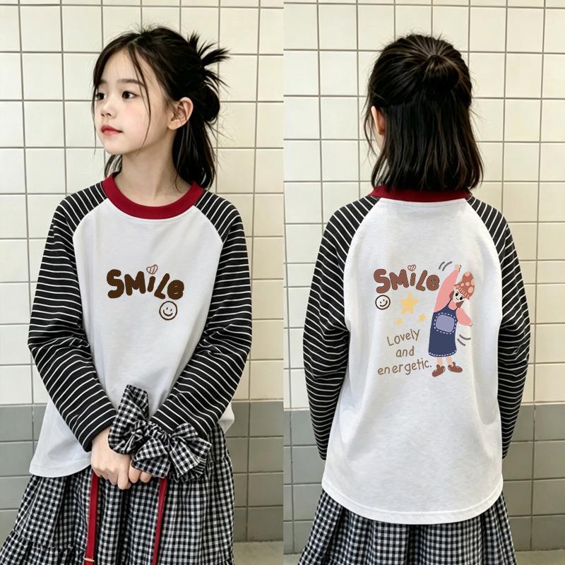 Girls' Striped Cotton Long-Sleeve T-Shirt, Spring/Autumn Style, Loose Fit, Versatile Patchwork, Round Neck, Medium to Large Sizes