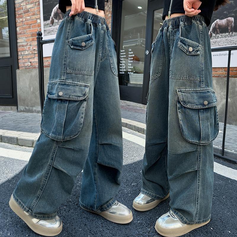 Weitbeinige Hosen Teenager Mädchen Jeans mit großer Tasche Vier Jahreszeiten Hohe Taille Mode Blau Cargo Denimhosen