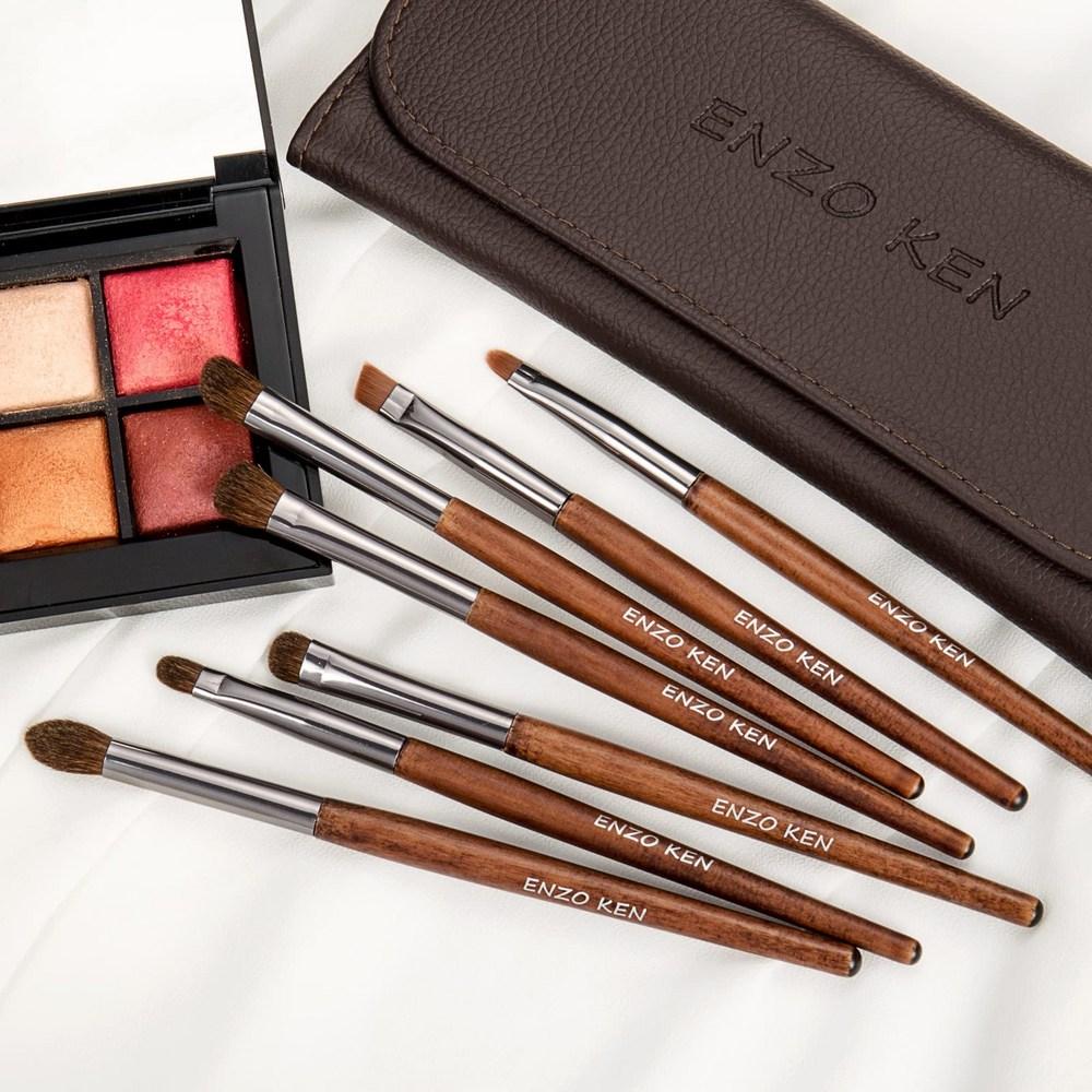 Set de pensule pentru fard de pleoape din lemn cu păr natural cu husă de machiaj - ENZO KEN Professional - E100, E100_Set de perii pentru ochi