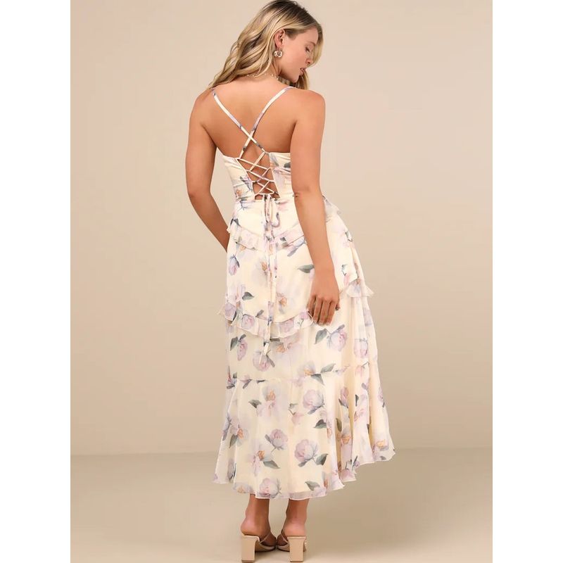 Foreign Trade Order Lu's Sling Slimming Exquisite Print Backless Slimming Flower Pastoral Lady Temperament Fashion Dress