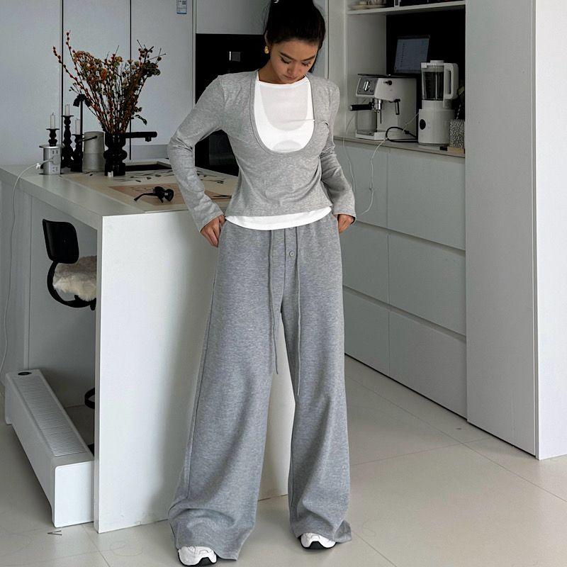 

2025 New Idle Style Drawstring Pants Gray Casual Pants Wide Leg Pants Women High Waist Loose Mopping Pants Grey S