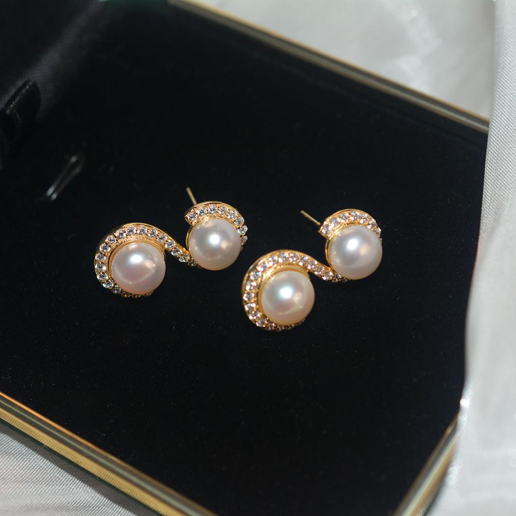 Natural freshwater pearl earrings women's S-shaped micro-inlaid zircon fashion temperament 911 silver needle high-end design stud earrings