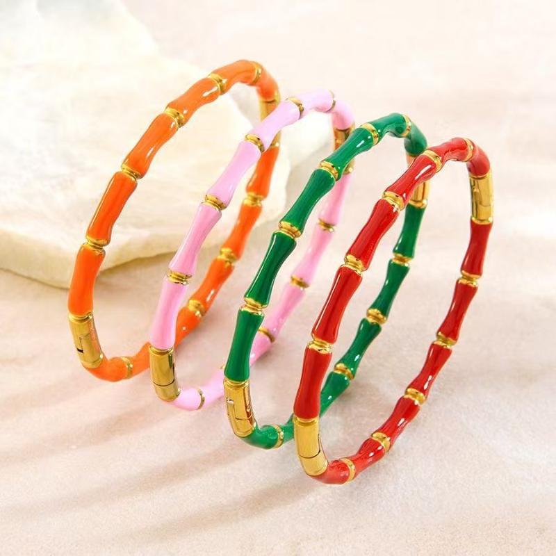 Stylish Colorful Bamboo Joint Bangle Gold Stainless Steel Enamel Resin Bracelet Non-Fading Simple Stainless Steel Bangle Trendy