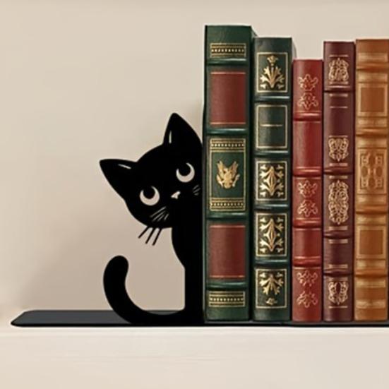 2Pcs Black Cat Bookends for Shelves Cute Metal Book Holder for Desk Heavy Duty