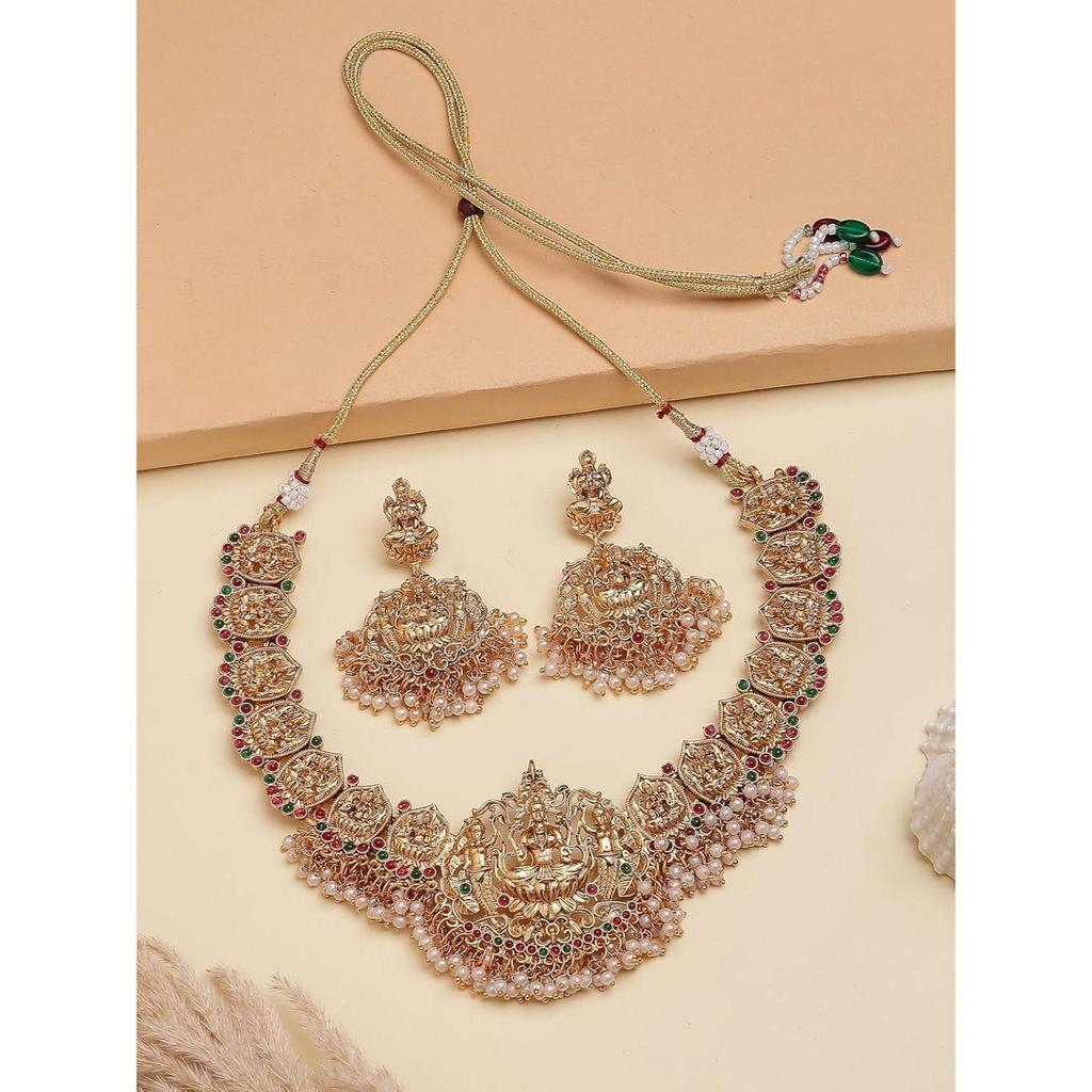 Traditional Stylish with Beaded Studded Choker Necklace with Dangle Earring Jewellery Set for Women & Girls